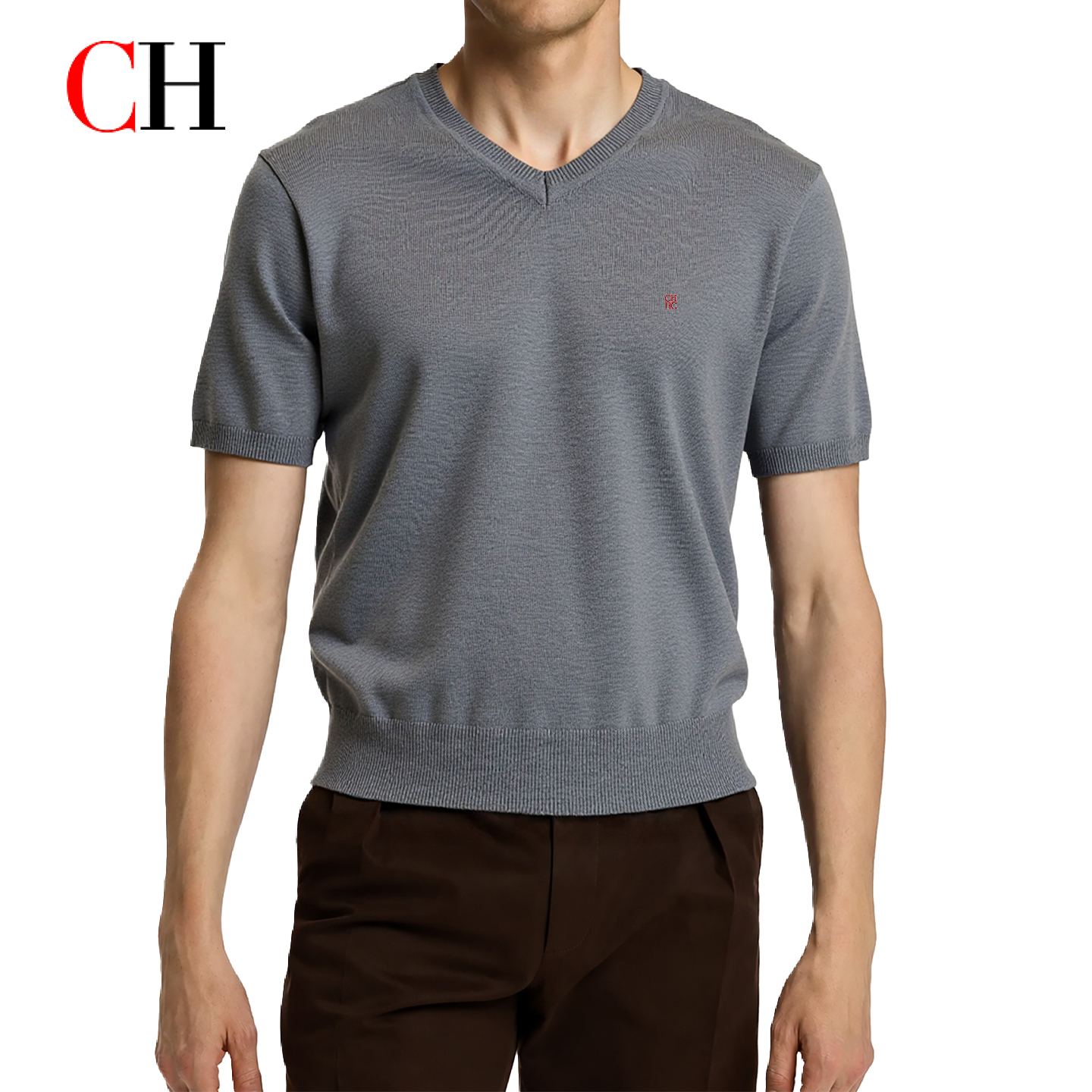 Embroidery Men Shirt - CH Men V Neck Short Sleeve