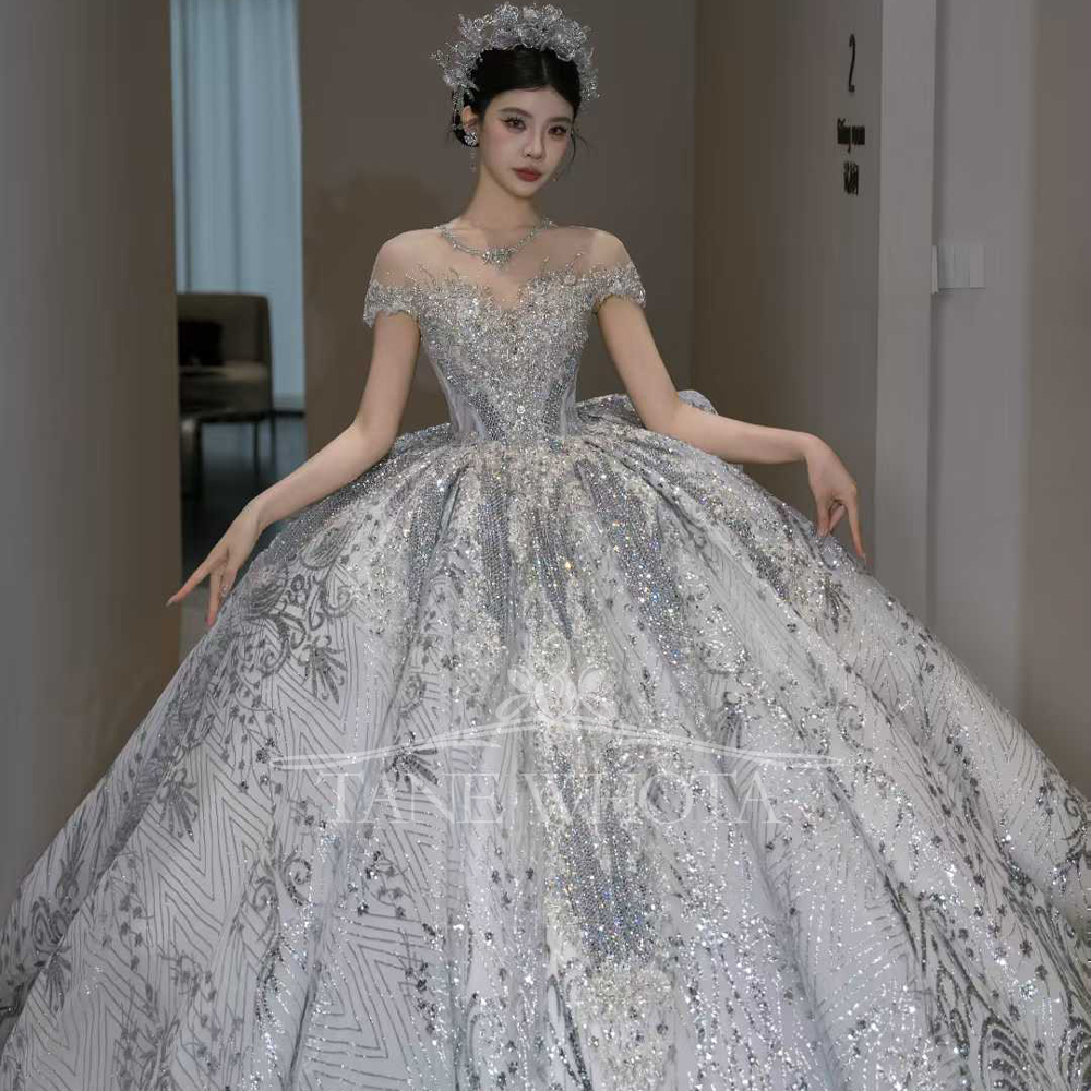Embroidery Organza - Vestidos Noivas O-Neck Short Sleeve Beading