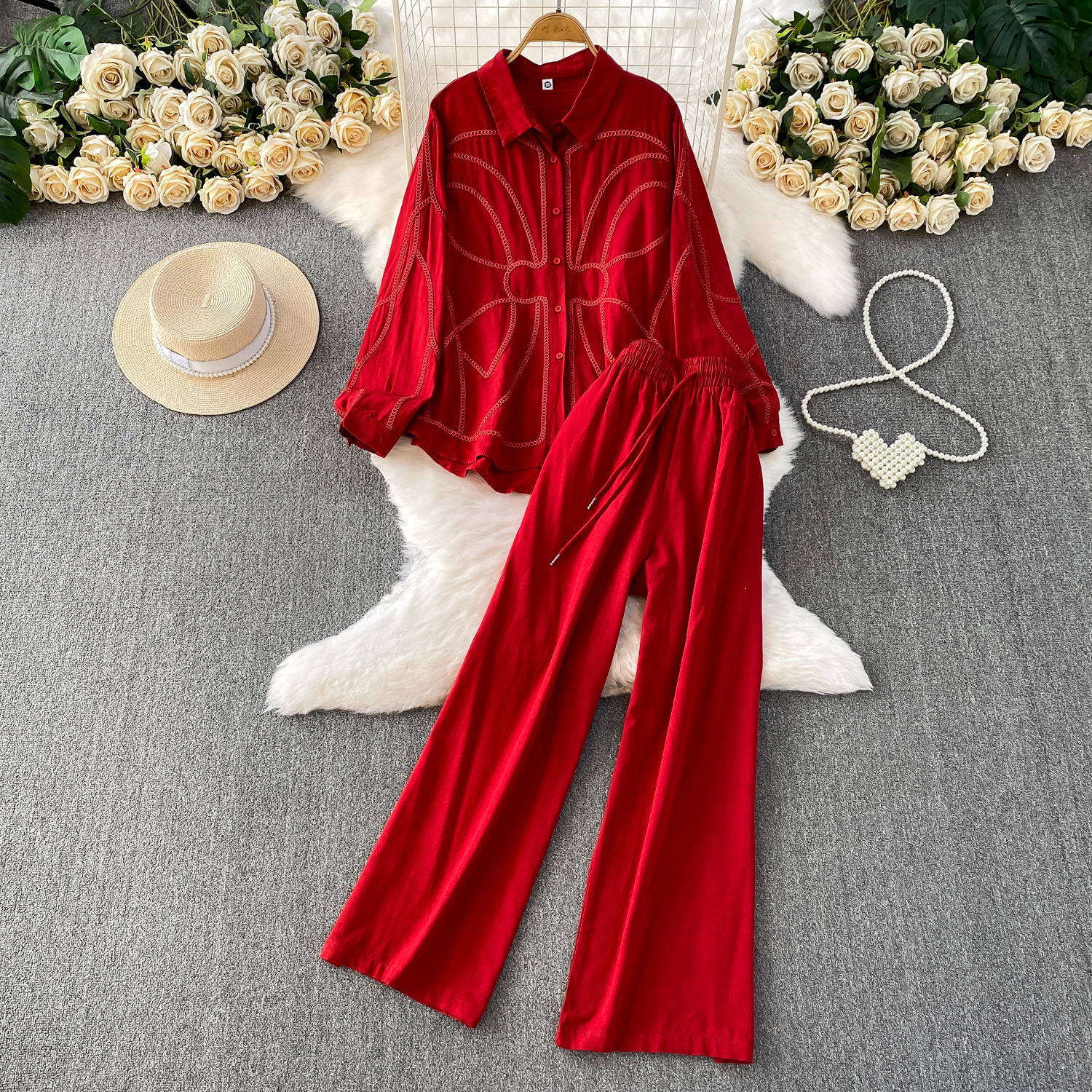 Embroidery Men Shirt - Autumn French Women's Matching Sets Lapel