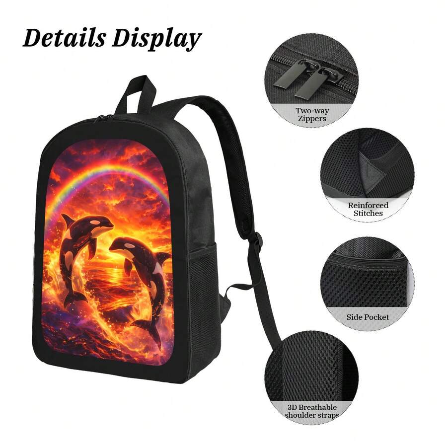 Embroidery Whale - Orca Whale Rainbow Print Backpack Stylish