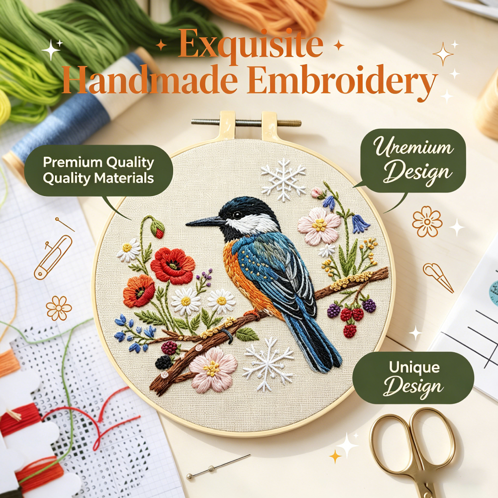 Embroidery Whale - 30x30cm Bird Flower Embroidery Kit DIY