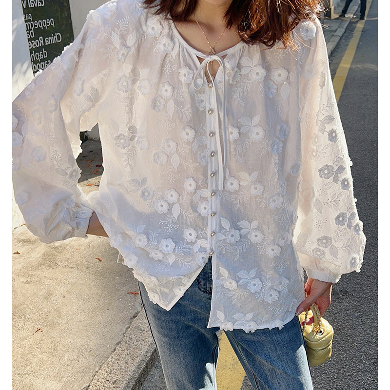 Women 3D Floral Embroidery Tie - Embroidery Blouse 评论和价格