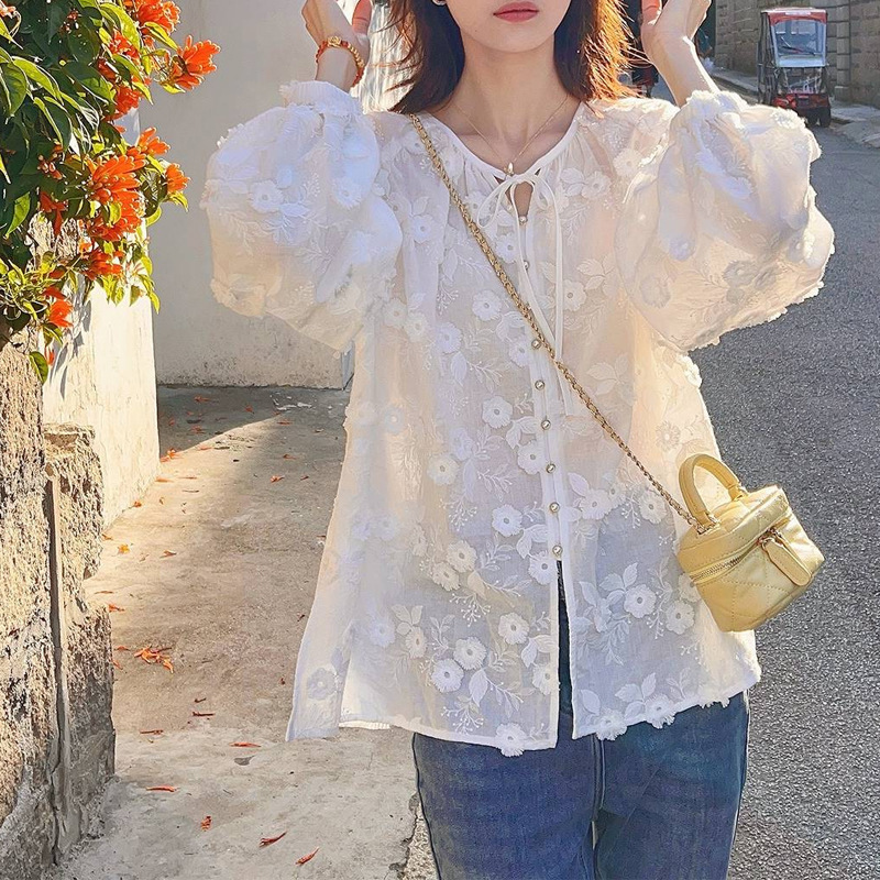 Women 3D Floral Embroidery Tie - Embroidery Blouse 评论和价格