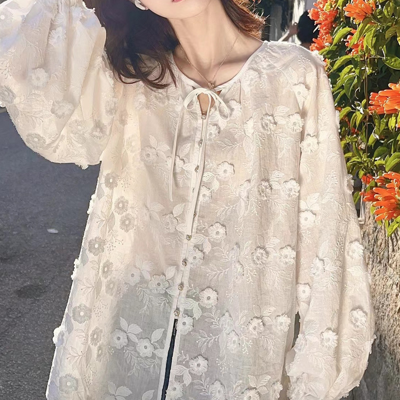 Women 3D Floral Embroidery Tie - Embroidery Blouse 评论和价格