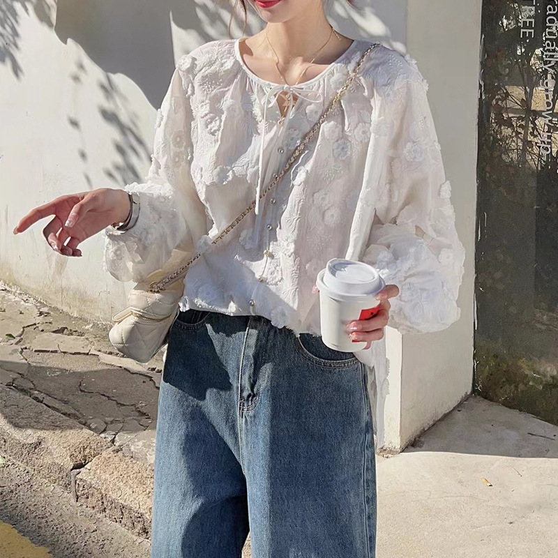 Women 3D Floral Embroidery Tie - Embroidery Blouse 评论和价格