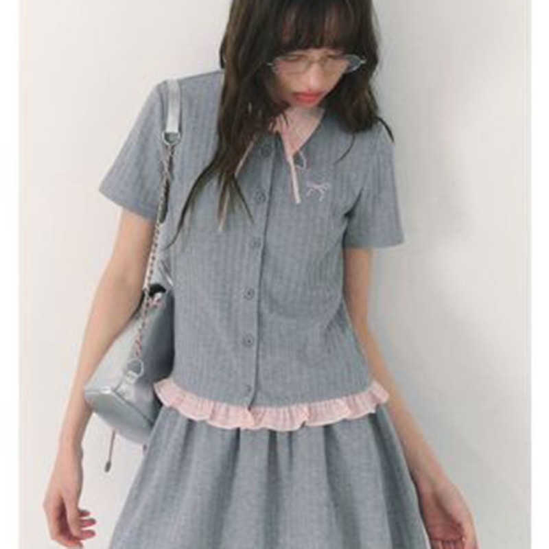 Summer Knitted Preppy Style Tw - Embroidery Cotton Shirt 评论和价格