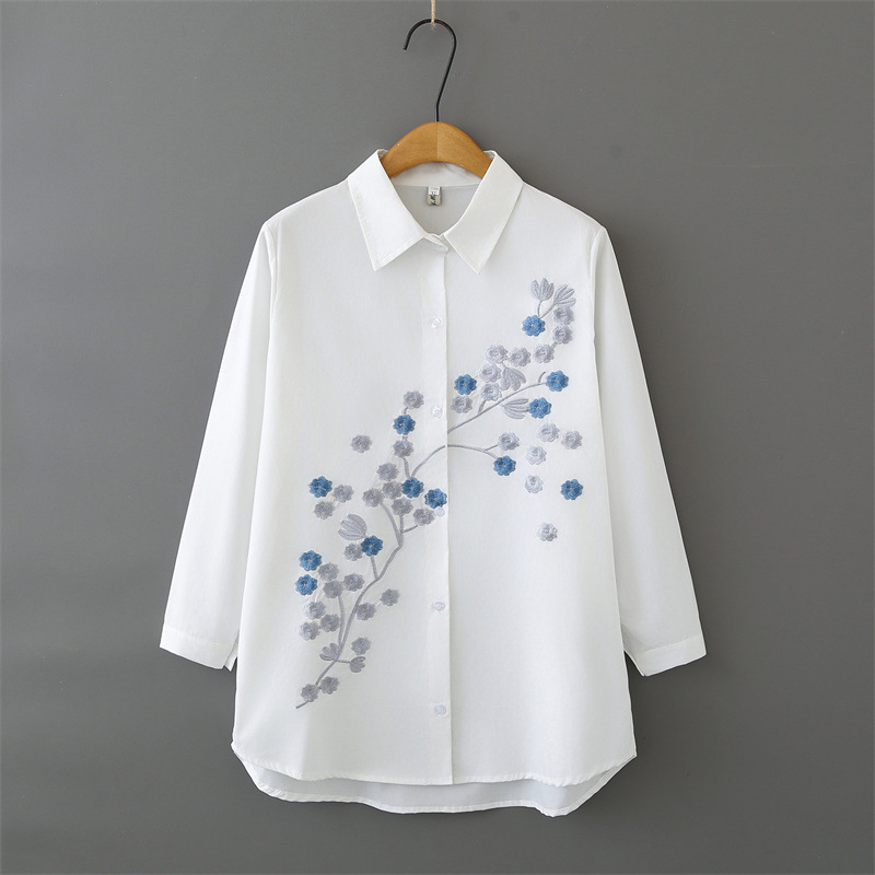 Women Plus Size Long Sleeve Co - Embroidery Cotton Shirt 评论和价格