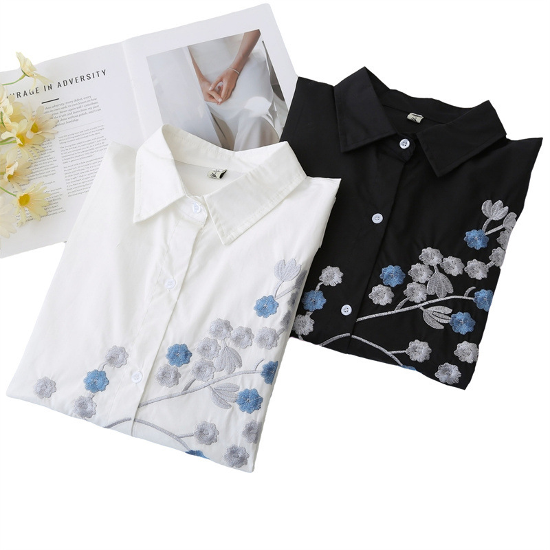 Women Plus Size Long Sleeve Co - Embroidery Cotton Shirt 评论和价格