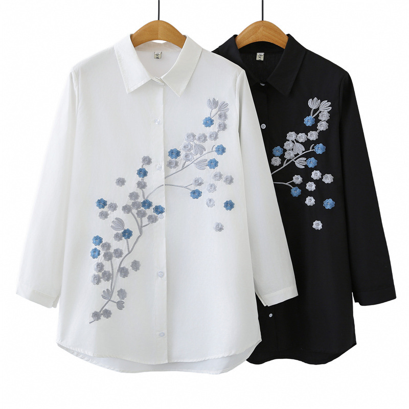 Women Plus Size Long Sleeve Co - Embroidery Cotton Shirt 评论和价格