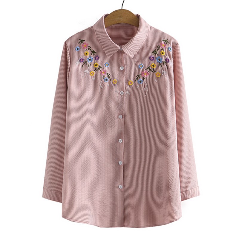 4XL Plus Size Shirts Women Spr - Embroidery Cotton Shirt 评论和价格