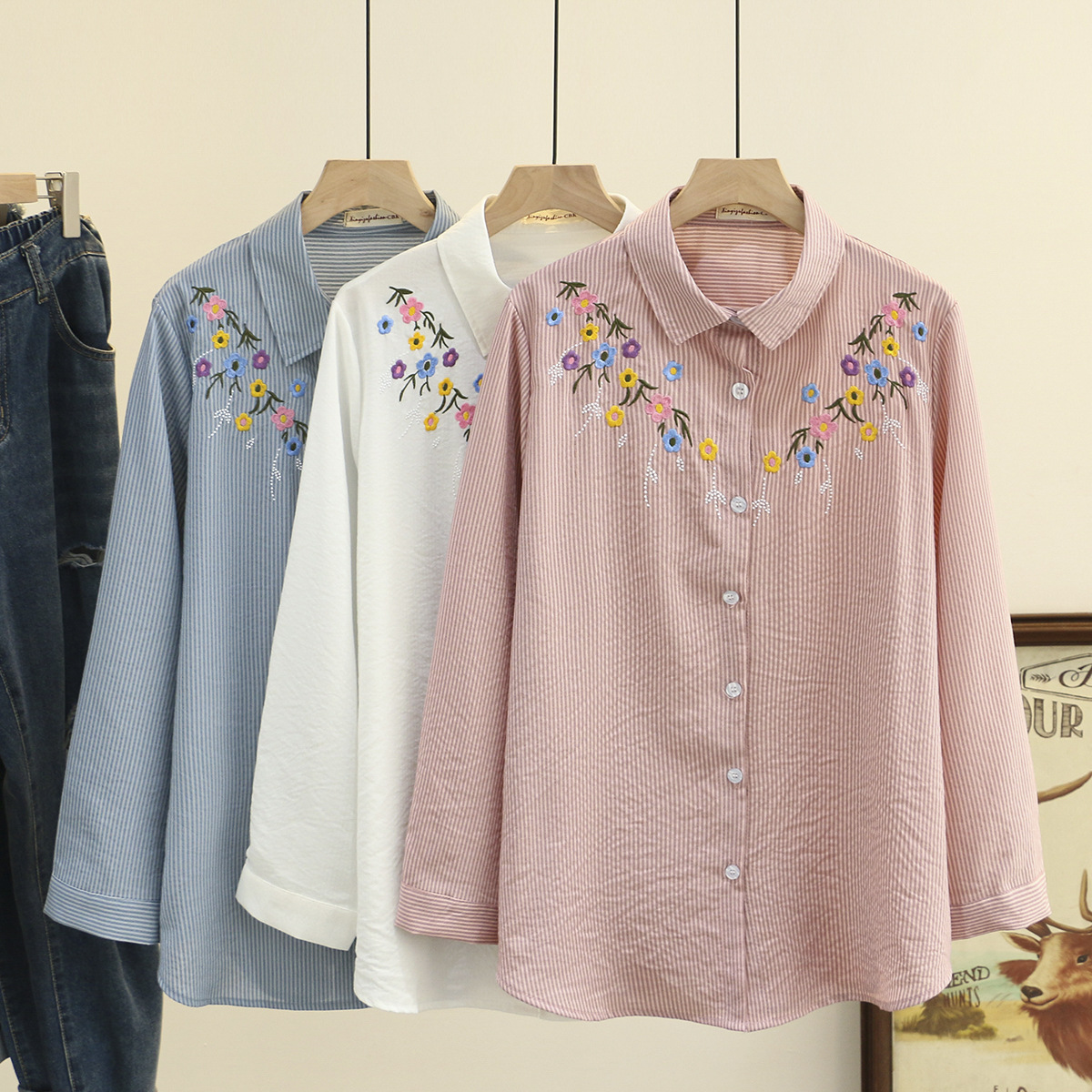 4XL Plus Size Shirts Women Spr - Embroidery Cotton Shirt 评论和价格
