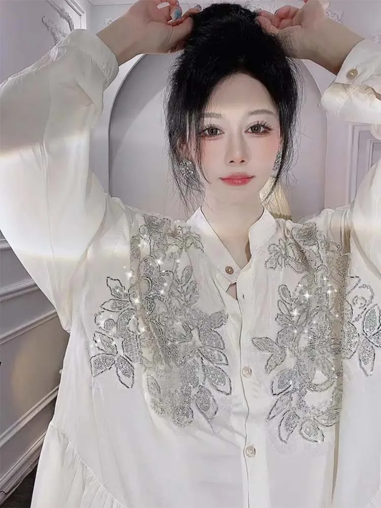 Transparent Flowers Embroidery - Embroidery Cotton Shirt 评论和价格