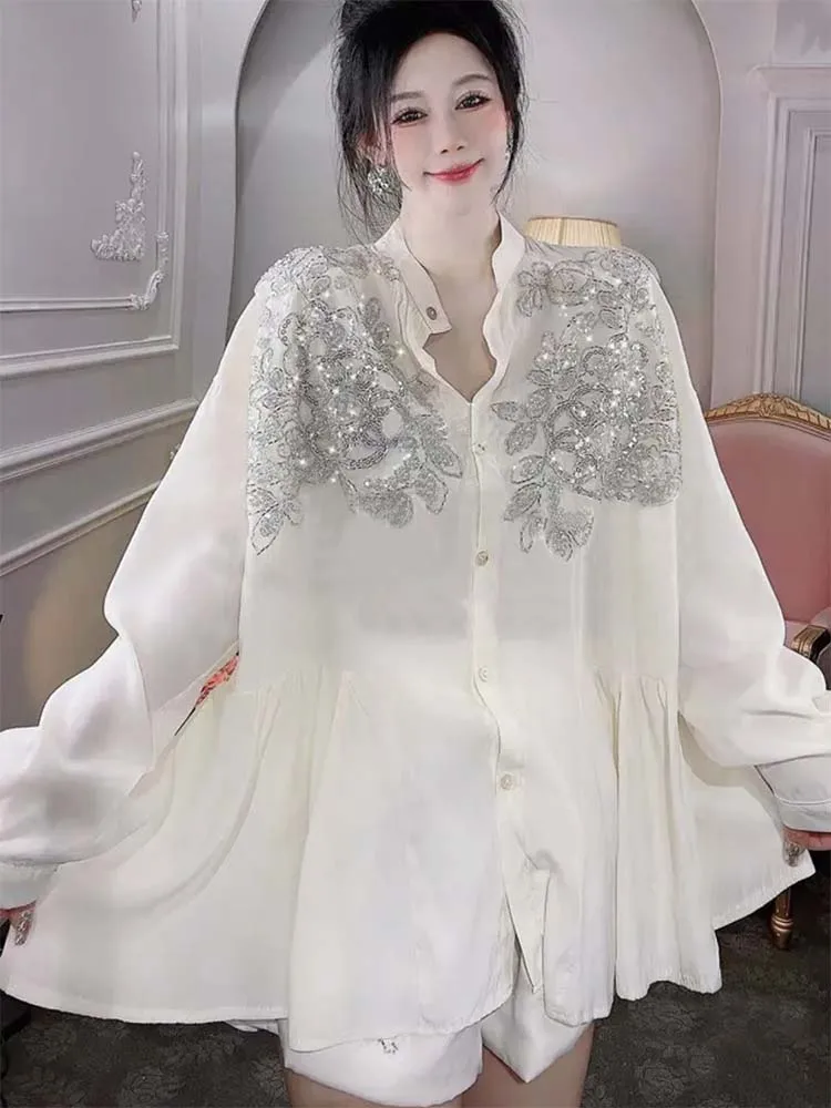 Transparent Flowers Embroidery - Embroidery Cotton Shirt 评论和价格