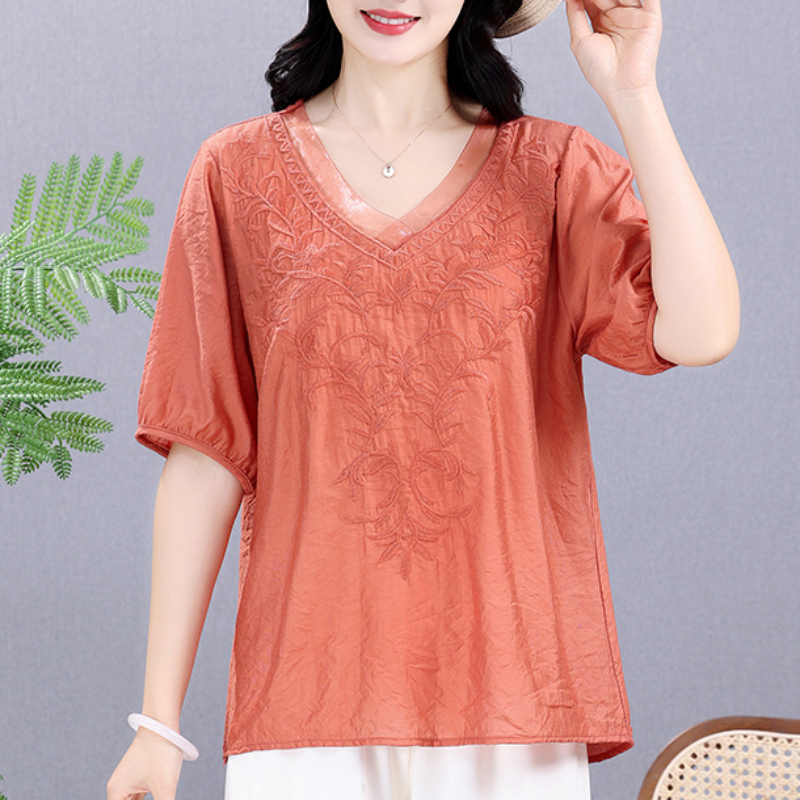 Summer Elastic Tee Shirt Solid - Embroidery Cotton Shirt 评论和价格