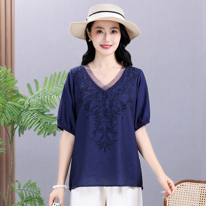 Summer Elastic Tee Shirt Solid - Embroidery Cotton Shirt 评论和价格