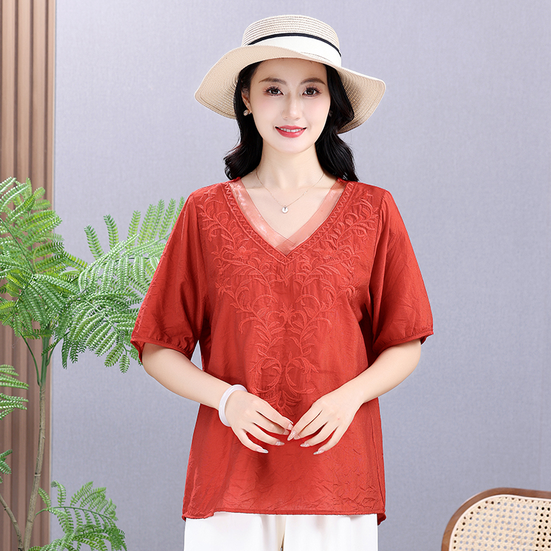 Summer Elastic Tee Shirt Solid - Embroidery Cotton Shirt 评论和价格