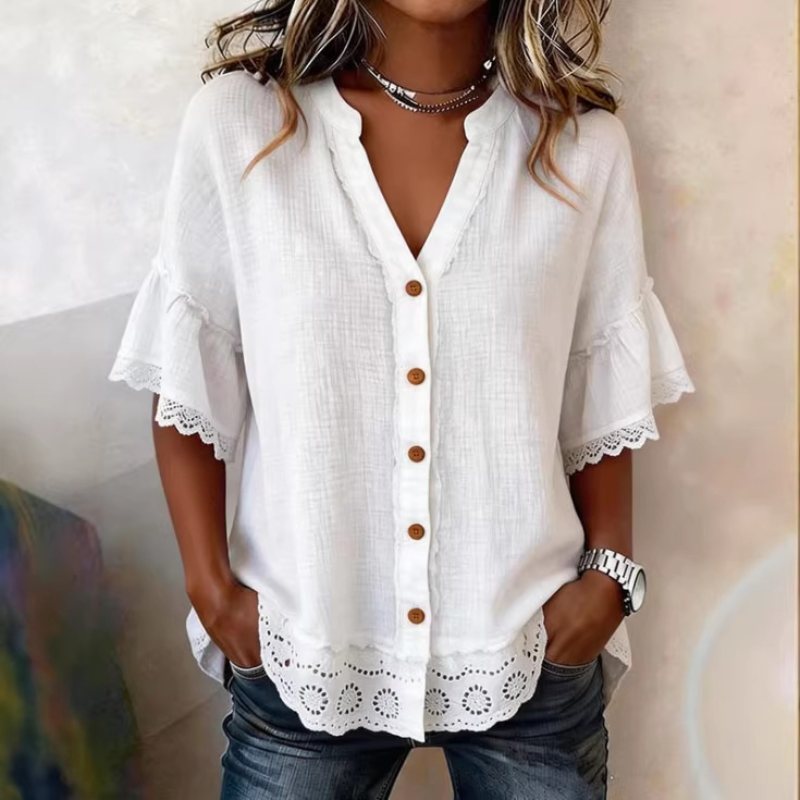 Women Vintage V Neck Lace Ruff - Embroidery Men Shirt 评论和价格