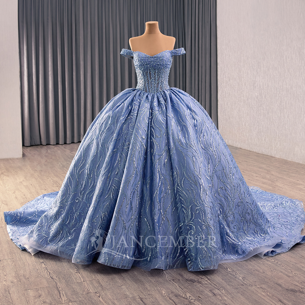 Customized Blue Quinceanera Dr - Embroidery Organza 评论和价格